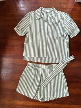 Sundays Green and White Vertical Stripe Shirt with matching shorts and belt